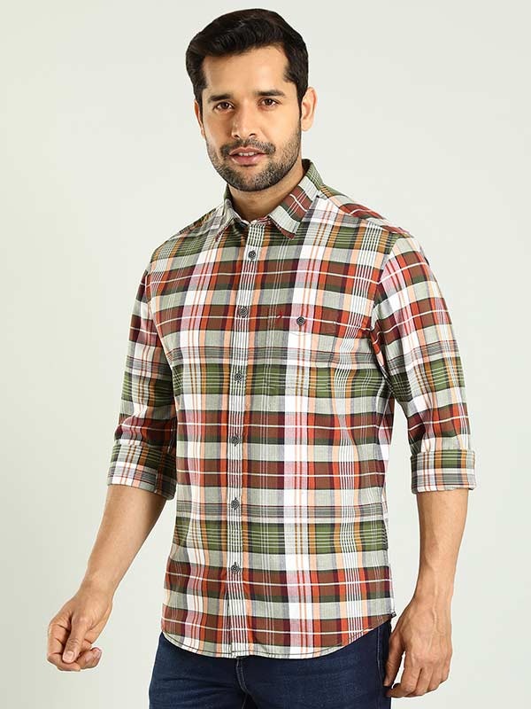 Indian Terrain Men's Slim Fit Full Sleeve Checkered Green Shirt